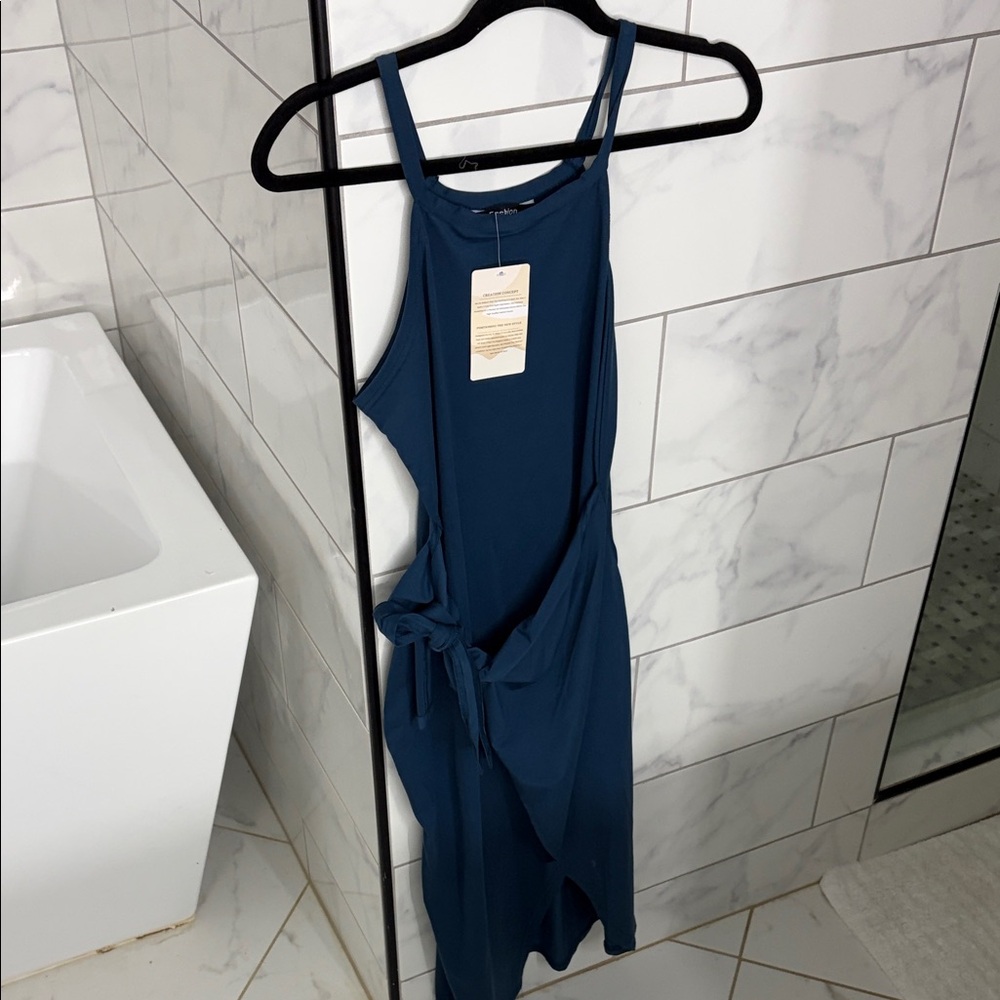 Blue Sleeveless Dress with Side Tie